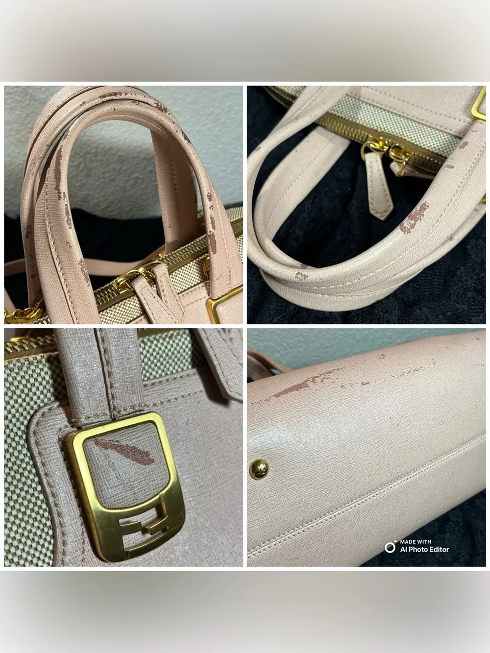 Fendi Chameleon Large Tote Bag 8BL114 Pink Leather Beige Canvas 2-Way Satchel